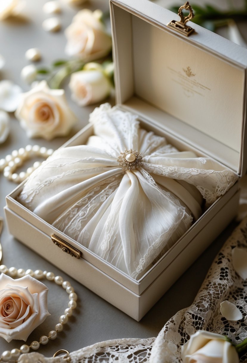 An open keepsake box lined with soft wedding dress fabric surrounded by rose petals and a pearl necklace.