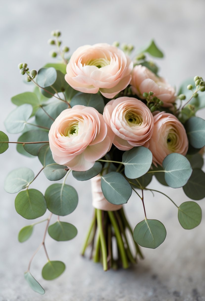 A small wedding bouquet with blush ranunculus flowers and silver dollar eucalyptus leaves.
