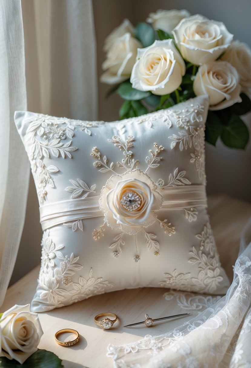 A memory pillow made from wedding dress fabric placed on a wooden surface with wedding rings and white roses nearby.