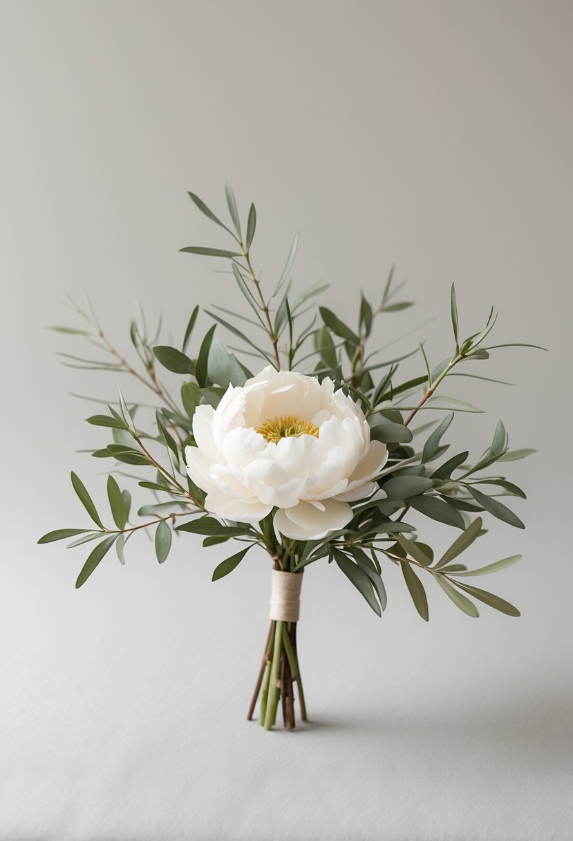 A small wedding bouquet with an ivory peony and olive branches on a neutral background.