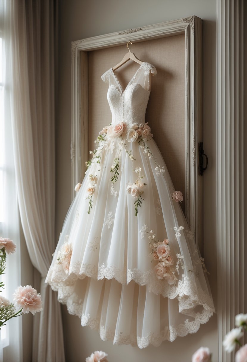 A three-dimensional wedding dress-shaped wall art piece displayed on a neutral wall with soft lighting and floral decorations.