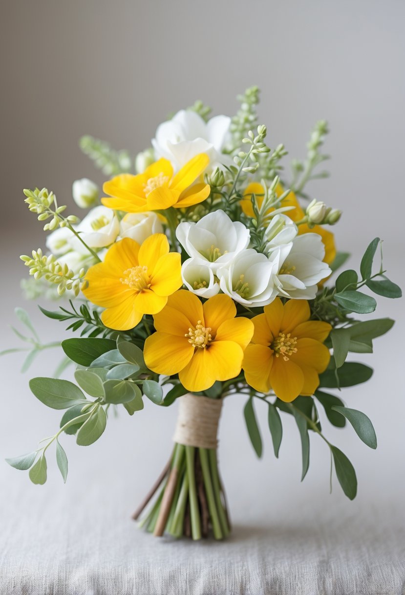 A small wedding bouquet with yellow mimosa flowers and white freesia blooms with green leaves on a neutral background.