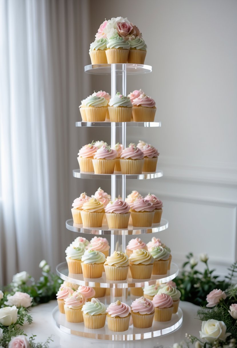 A clear multi-tiered acrylic cupcake tower filled with decorated cupcakes, displayed on a table with floral accents.