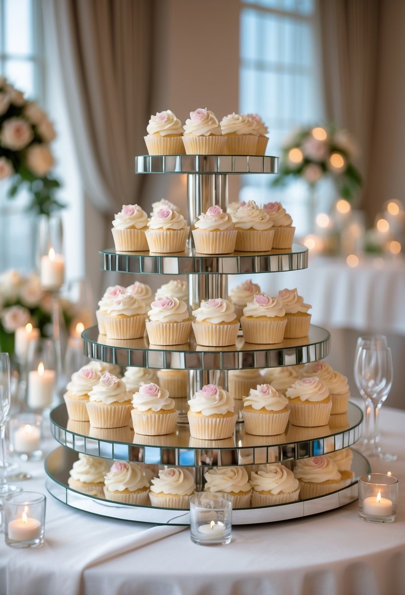 A tiered mirrored cupcake display with decorated cupcakes on a wedding reception table.