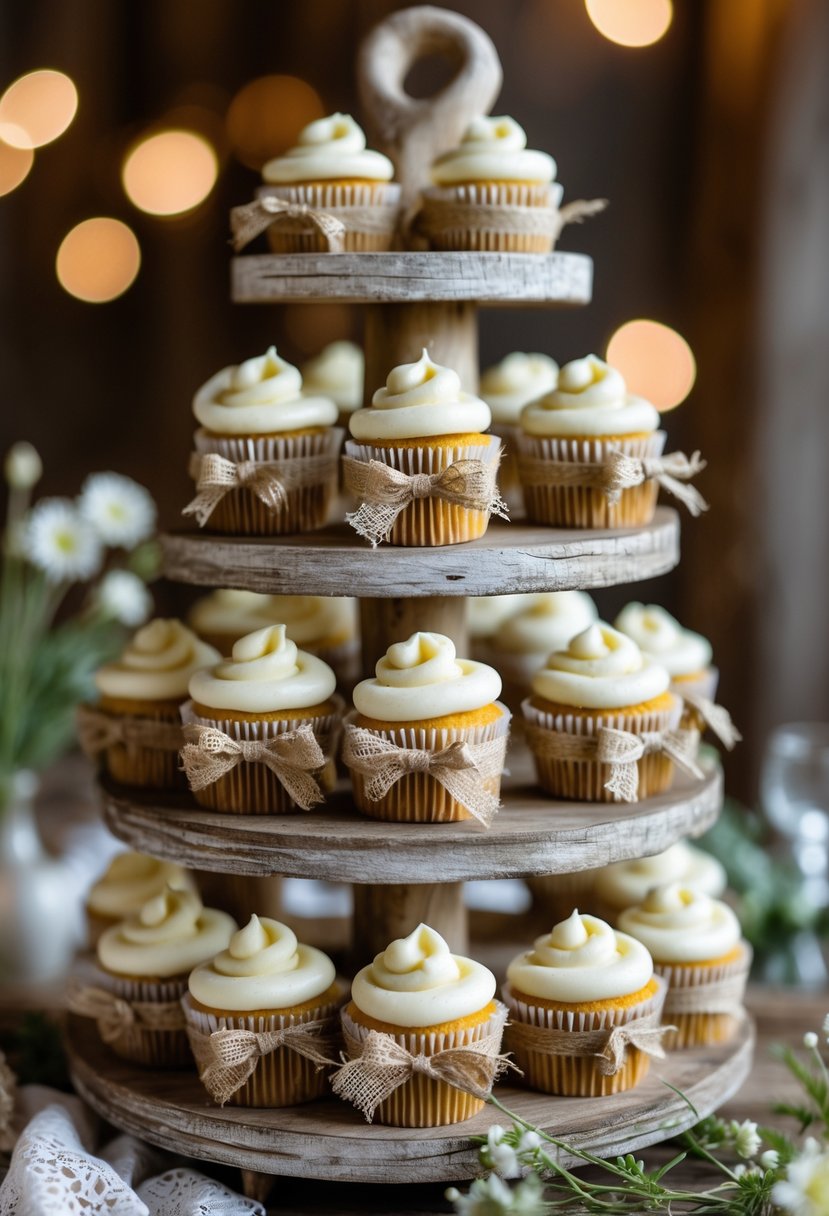 A rustic wedding cupcake display with cupcakes wrapped in burlap ribbons on a wooden tiered stand, surrounded by flowers and greenery.