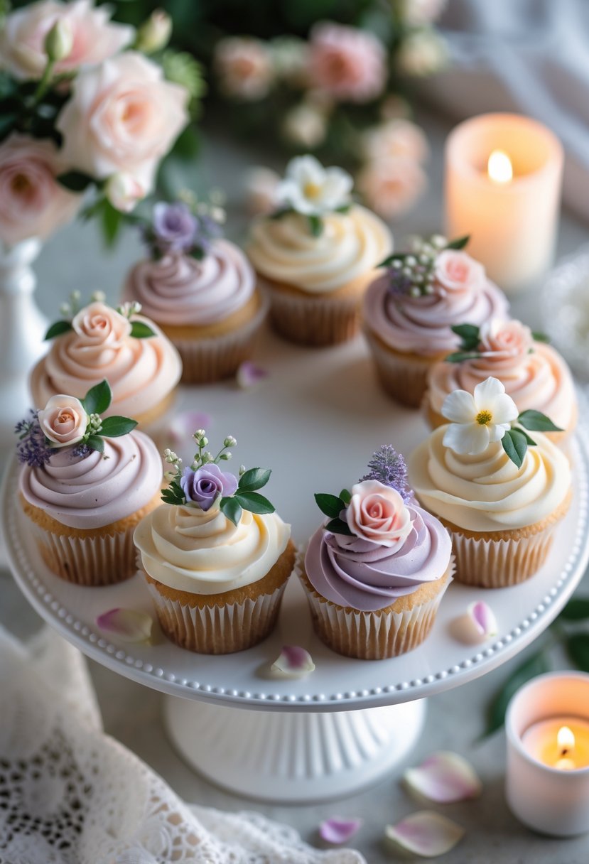 A circular arrangement of decorated cupcakes topped with edible flowers on a white platter, set on a table with wedding decor.