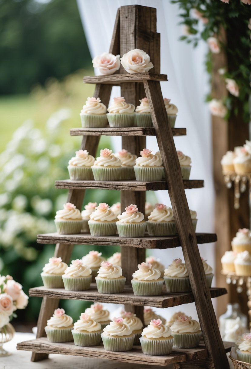 A rustic wooden ladder holding multiple tiers of decorated wedding cupcakes in an outdoor setting.