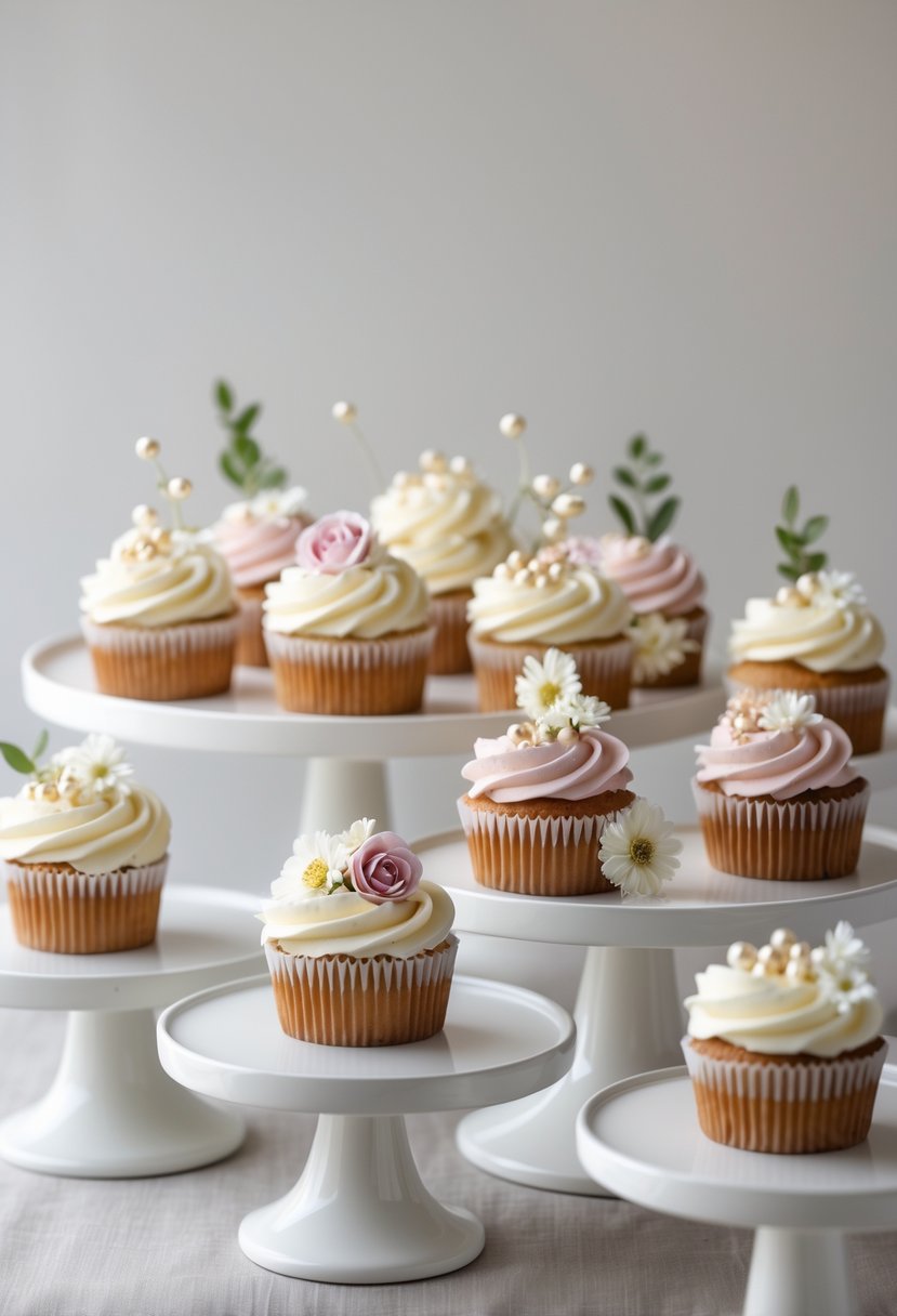 White ceramic pedestal trays displaying decorated cupcakes on a neutral background.