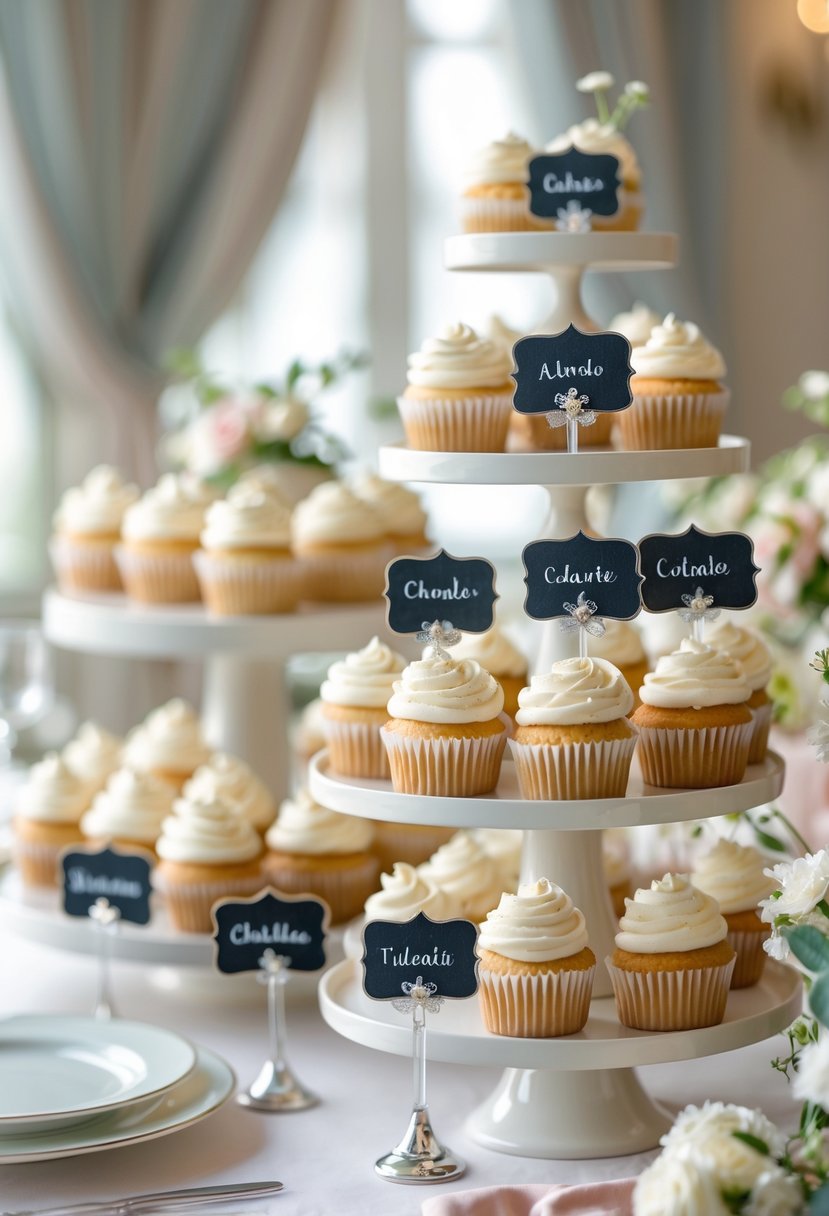 A wedding cupcake display with tiered stands holding decorated cupcakes and small blank chalkboard labels beside them.