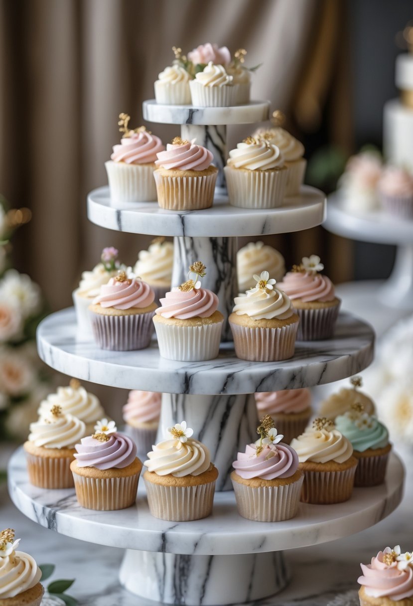 Marble cake stand with multiple cupcakes decorated with pastel frosting and edible flowers on a blurred background.