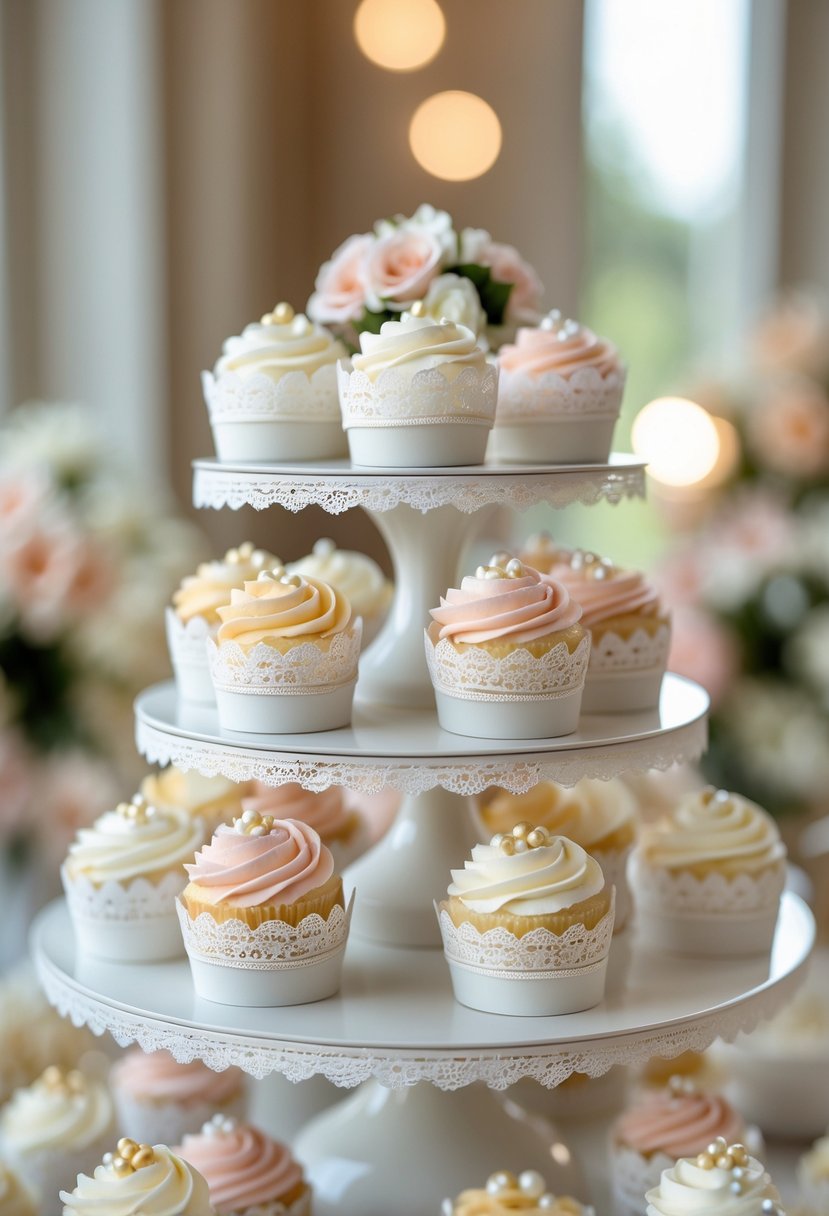 A display of cupcakes wrapped in lace-trimmed wrappers arranged on a tiered stand with soft lighting.