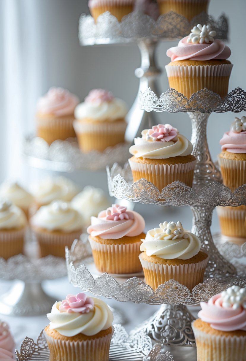 Cupcakes displayed on ornate silver filigree holders at a wedding reception.