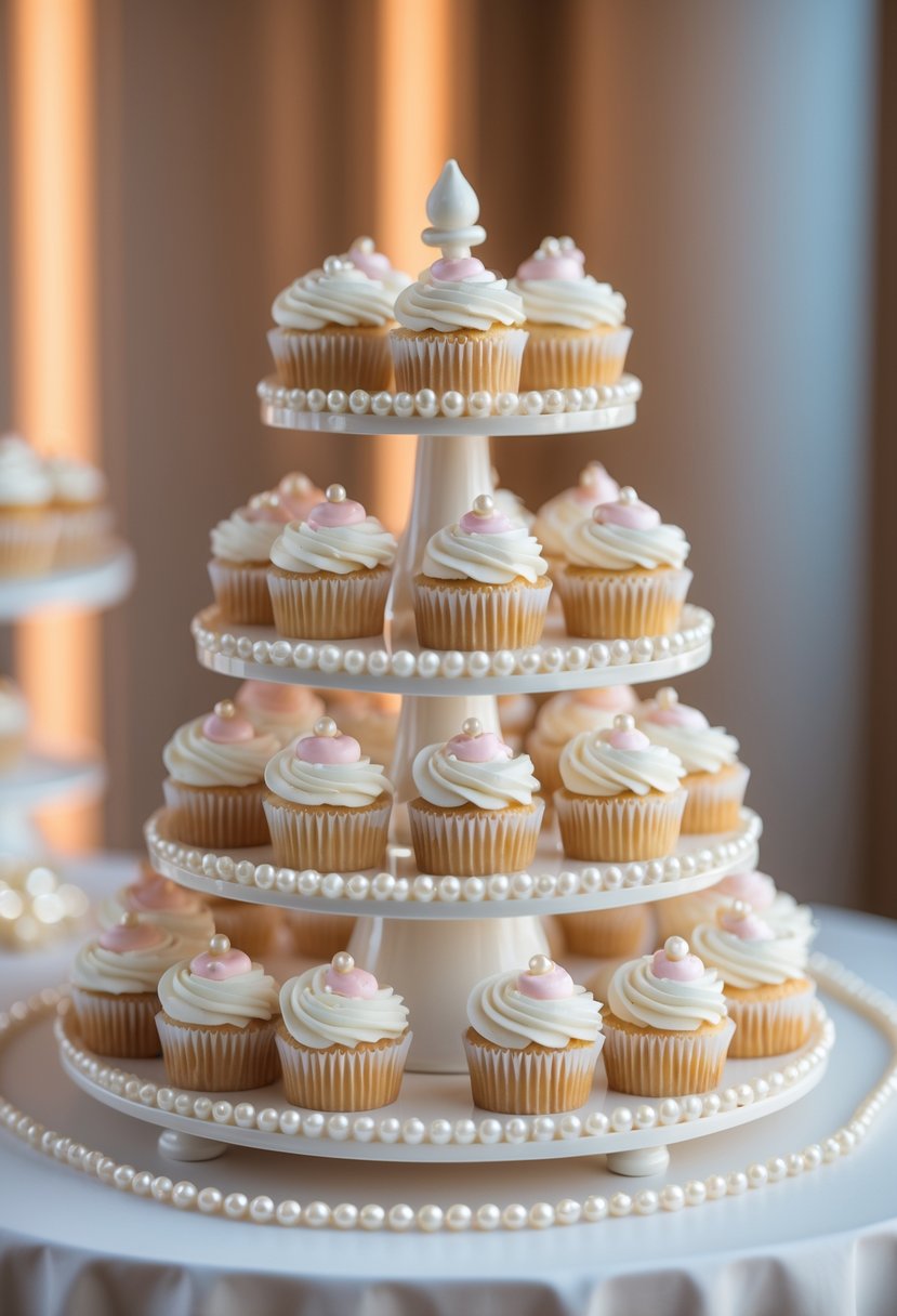 A multi-tiered cupcake stand decorated with pearls displaying elegantly frosted wedding cupcakes.