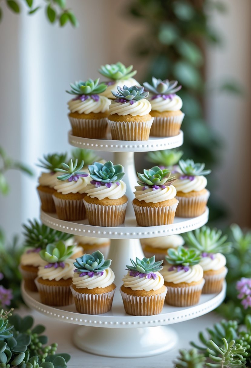 A multi-tiered display of cupcakes decorated with small succulent plants on a white stand.