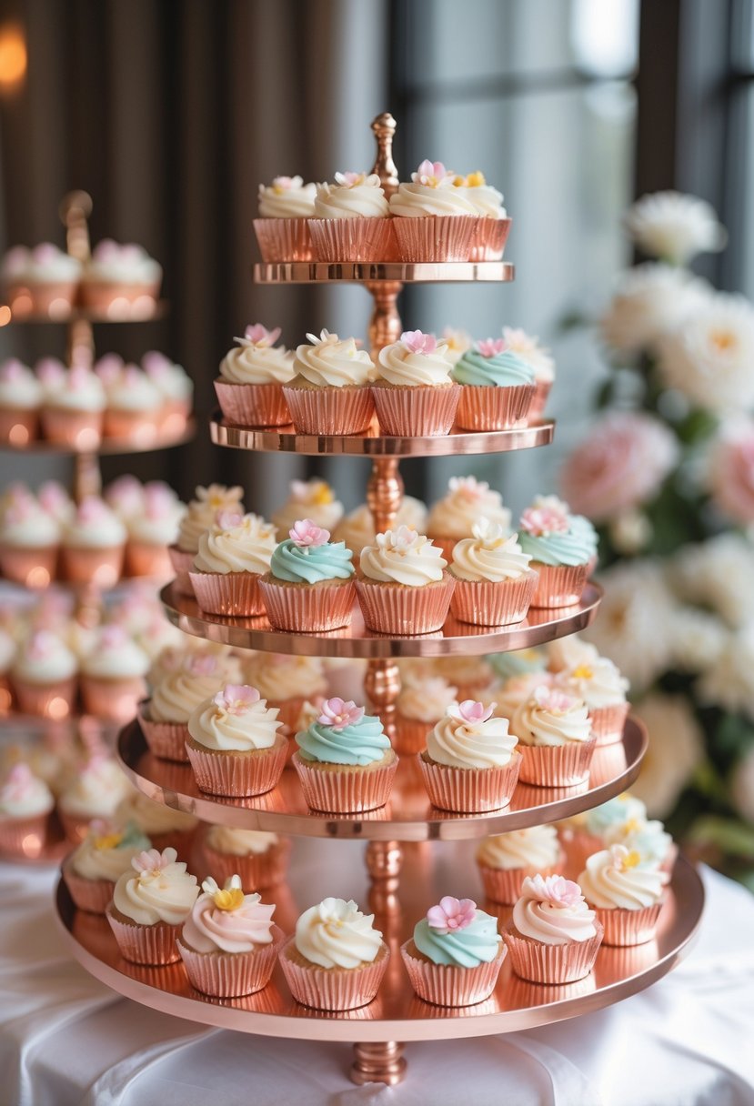 A multi-tiered rose gold cupcake stand displaying decorated cupcakes on a white tablecloth.