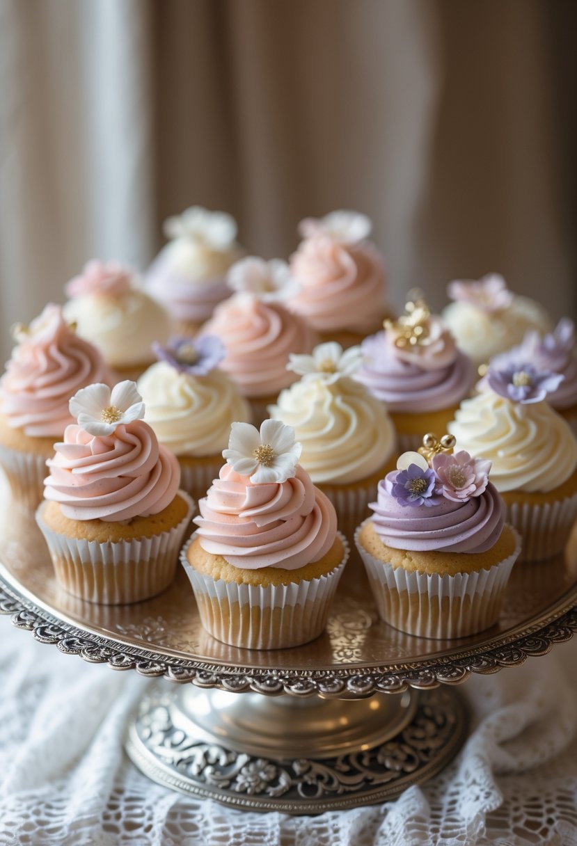 A vintage silver tray holding an assortment of decorated cupcakes on a white lace tablecloth.