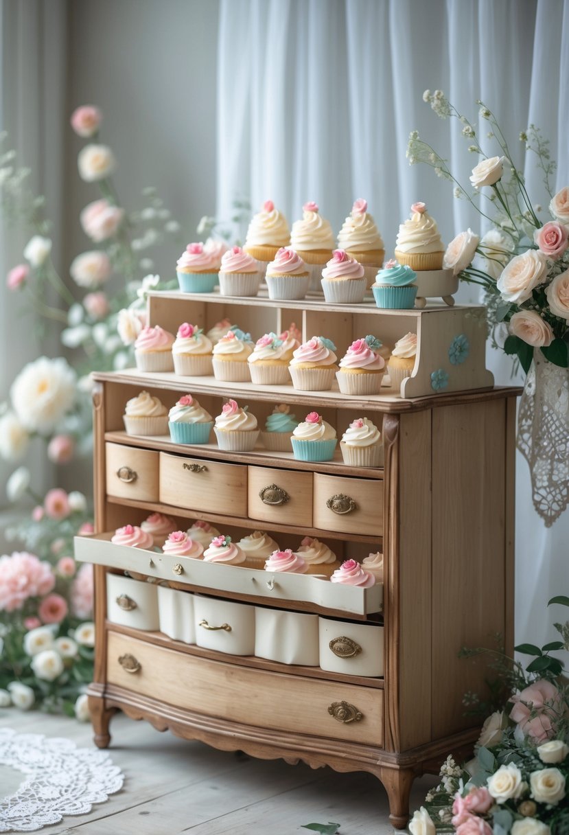 A vintage wooden dresser filled with assorted decorated cupcakes arranged on its shelves and drawers, surrounded by floral decorations.
