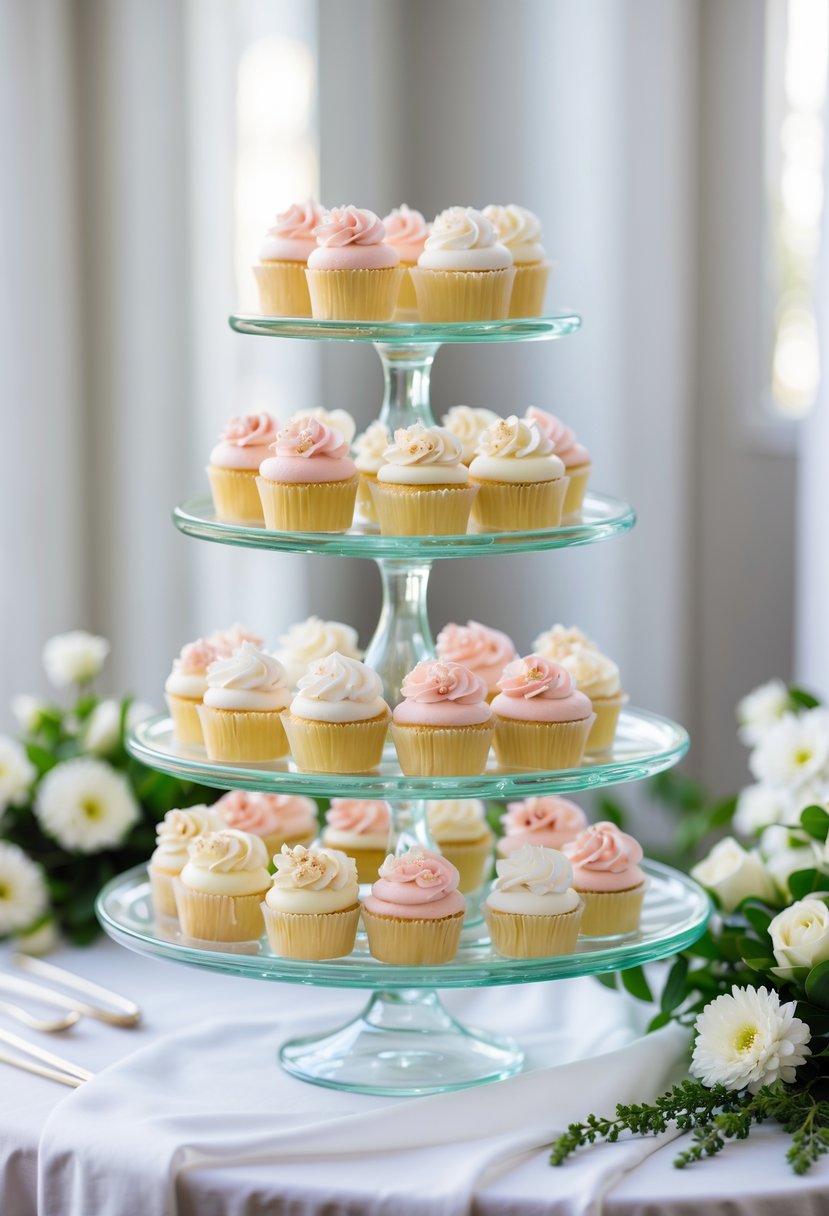 Multi-tiered glass cupcake stands displaying decorated wedding cupcakes on a white tablecloth with soft natural lighting.