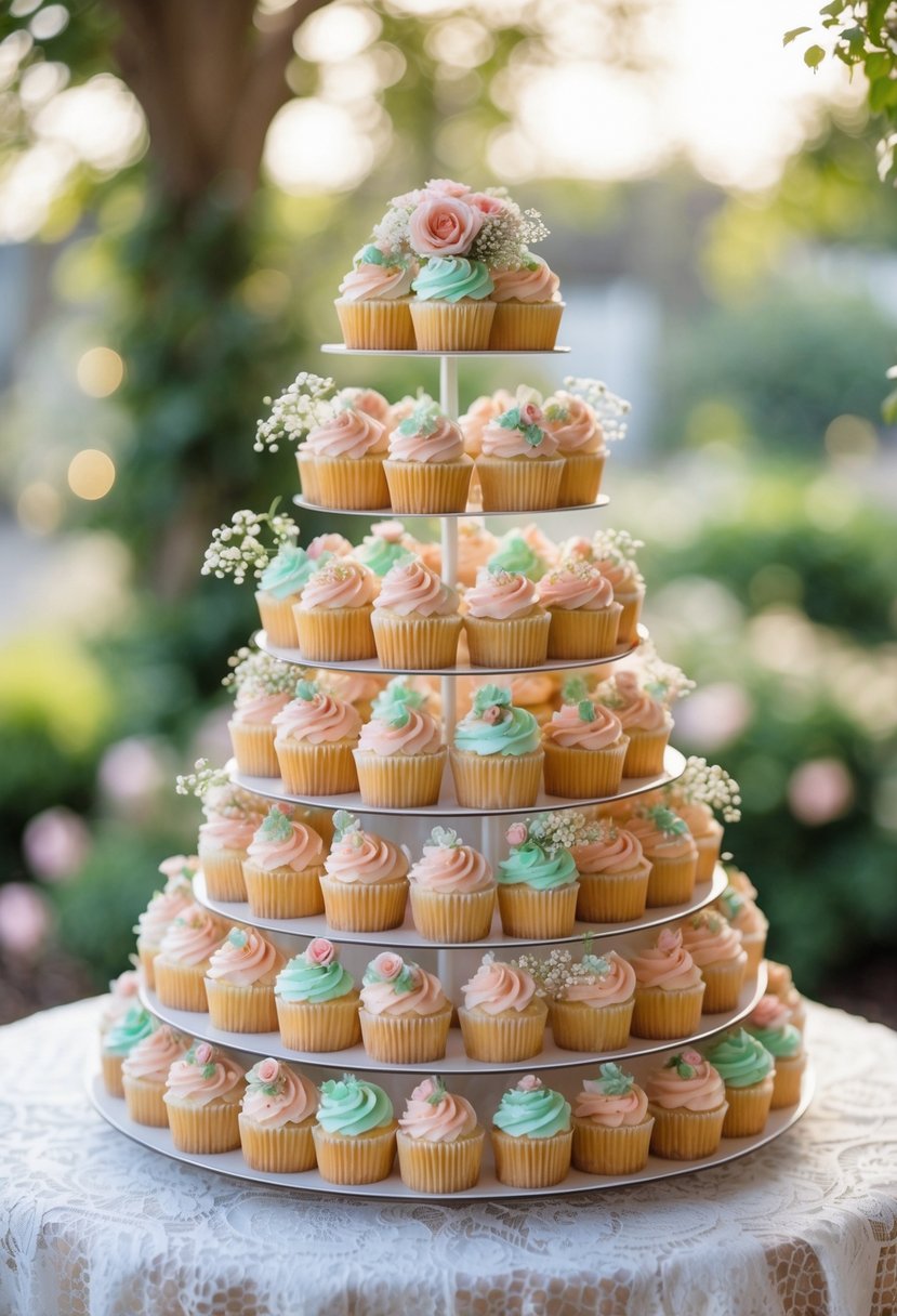A tower of decorated cupcakes adorned with seasonal flowers on a table at a wedding.