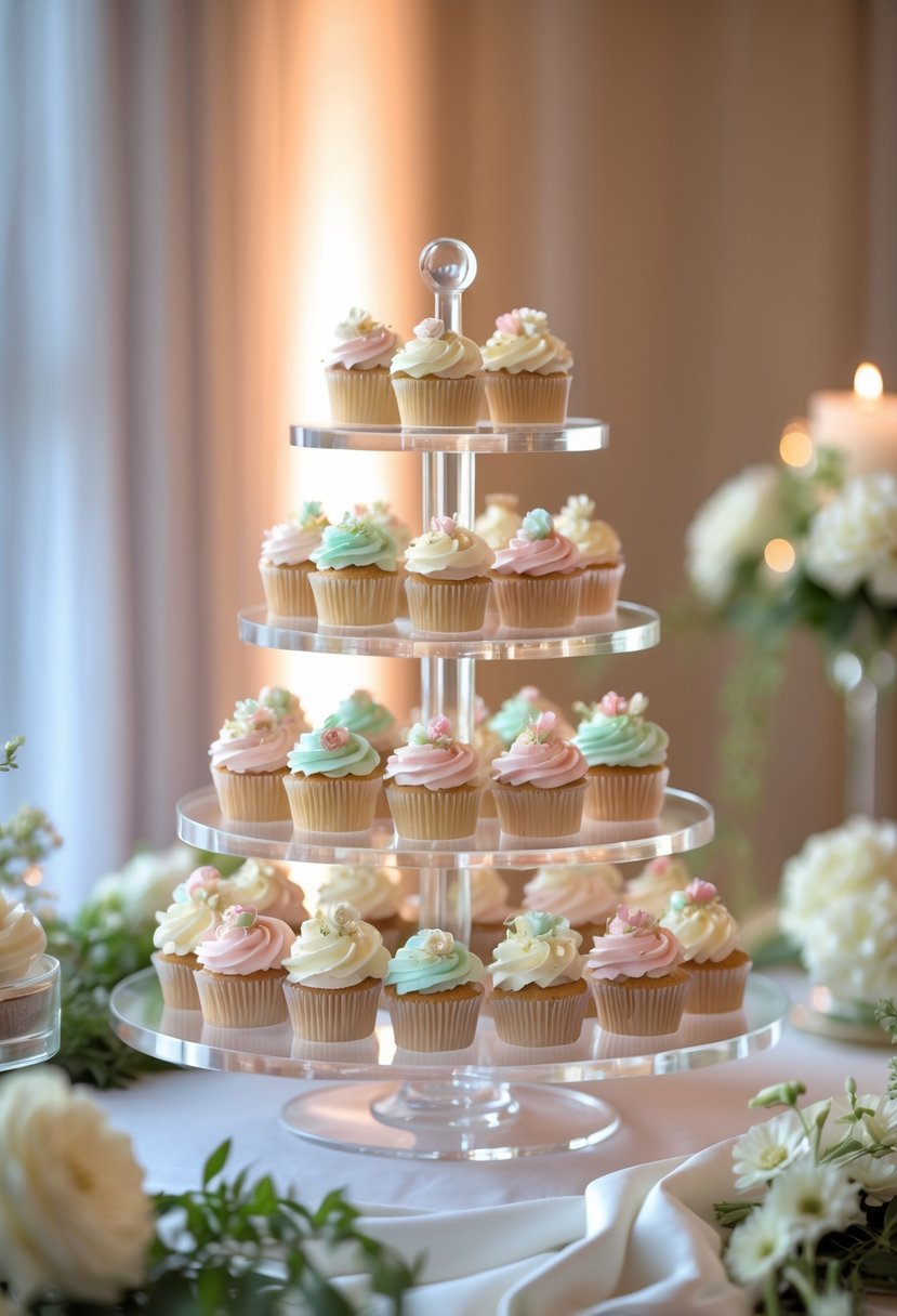 A multi-tiered clear acrylic cupcake stand filled with decorated cupcakes on a wedding dessert table with flowers and greenery.