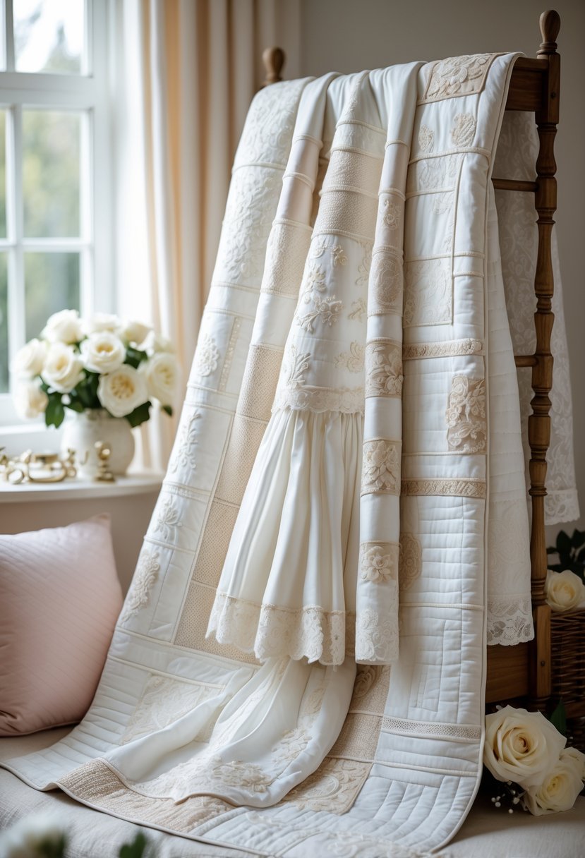A wedding dress quilt made from white and ivory fabrics displayed on a wooden rack in a softly lit room with bridal accessories and flowers nearby.