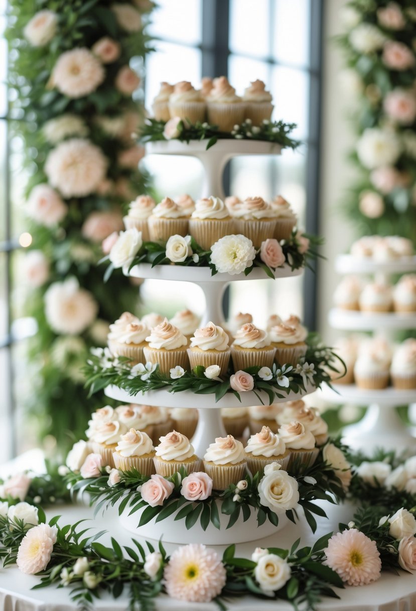 A multi-tiered cupcake stand decorated with floral garlands and pastel-colored cupcakes.
