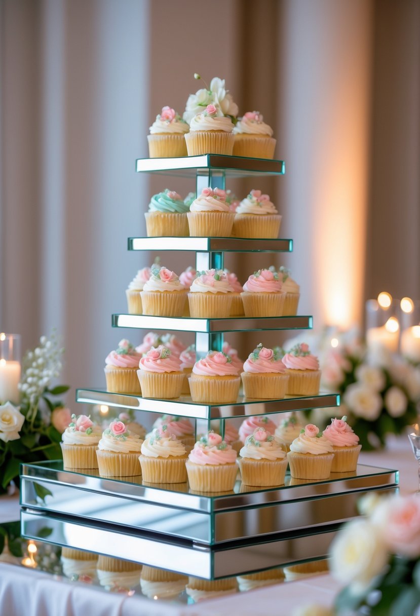 A wedding cupcake display with multiple tiers of decorated cupcakes arranged on mirror trays reflecting their designs.