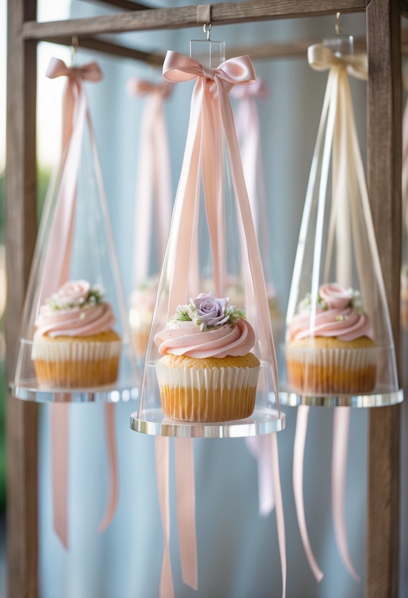 Hanging cupcake holders with ribbons displaying decorated cupcakes at a wedding.