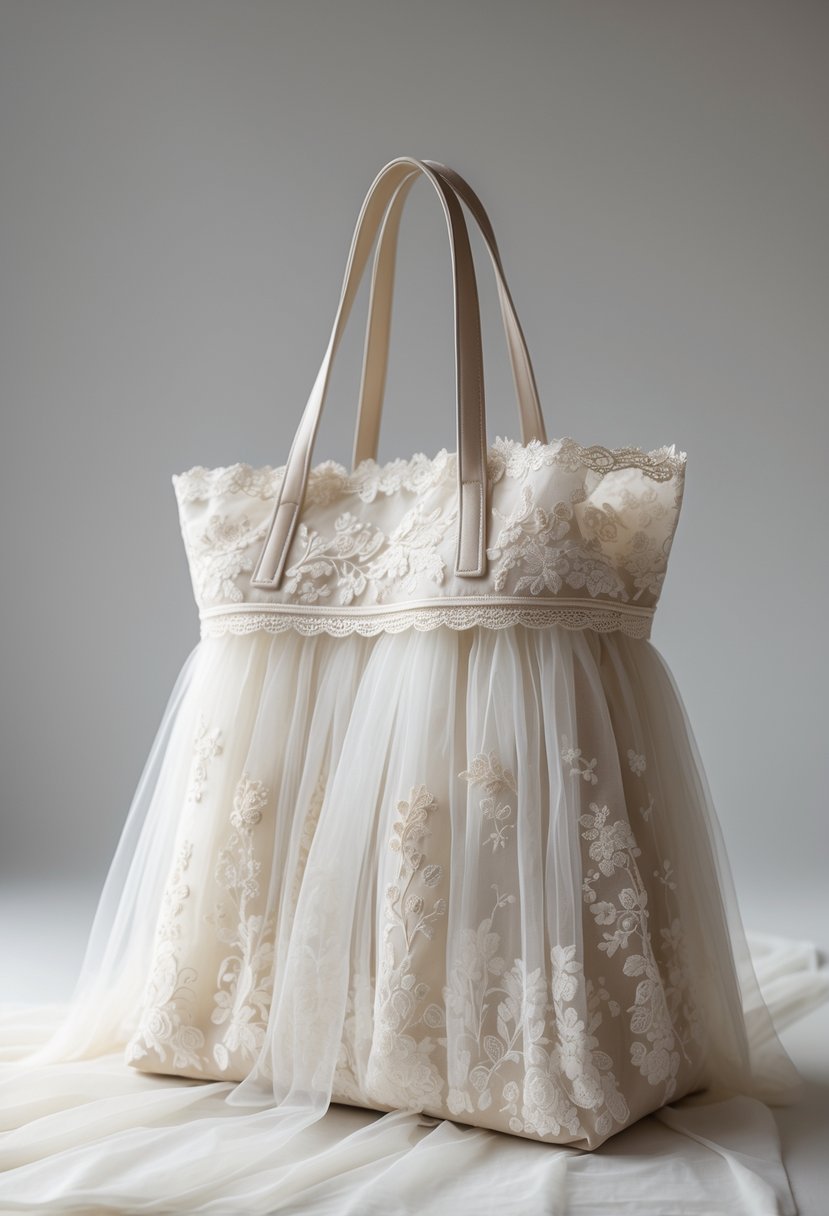 A tote bag made from delicate wedding dress fabric with lace and embroidery details on a neutral background.