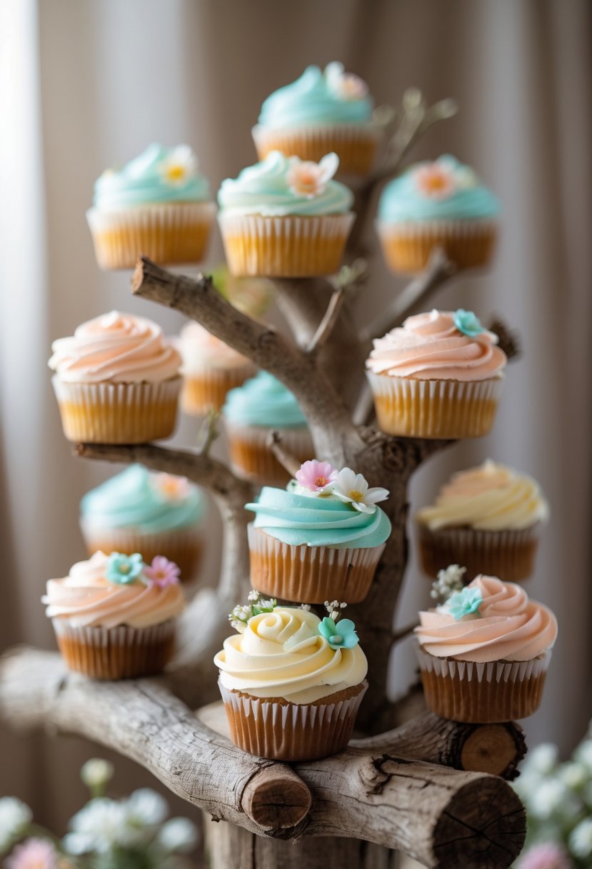 Cupcakes decorated with pastel frosting displayed on natural tree branches as a wedding centerpiece.