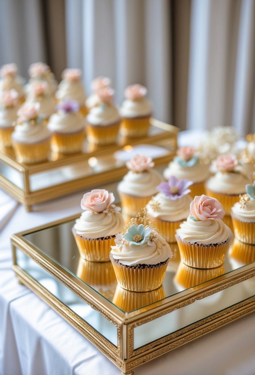 A display of gold mirrored cupcake trays filled with decorated cupcakes on a white table.