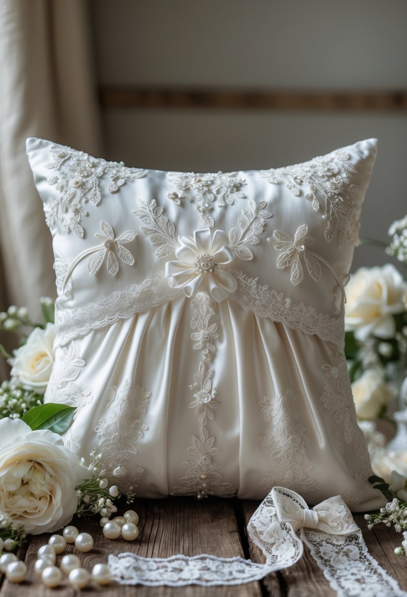A white cushion cover designed to resemble a wedding dress, placed on a wooden table with small white flowers and pearls around it.