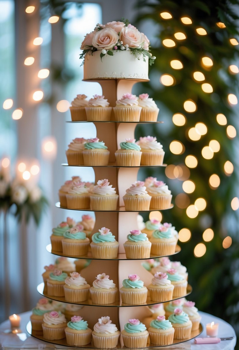 A multi-tiered cupcake tower decorated with pastel frosting and edible flowers, surrounded by warm string lights.