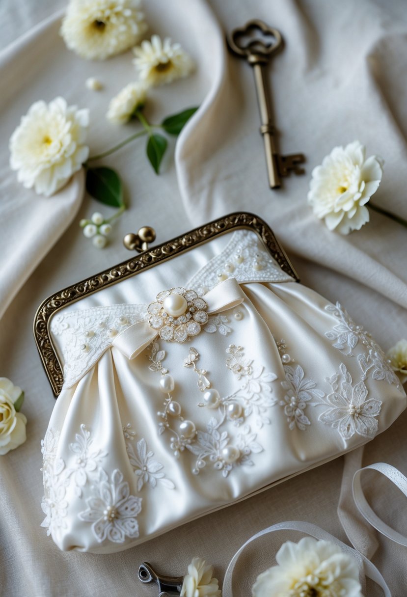 A white clutch purse designed like a wedding dress resting on fabric with small flowers and a ribbon nearby.