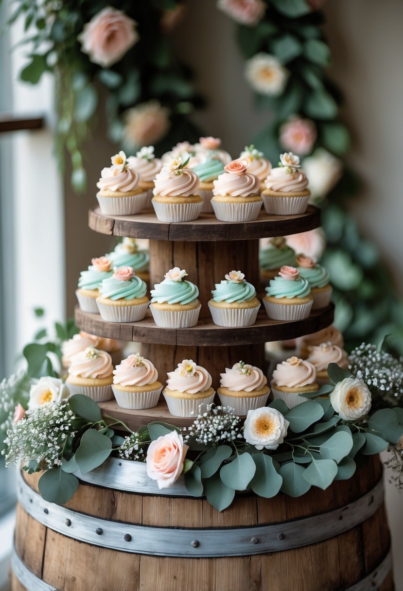 A wine barrel holding a display of decorated cupcakes surrounded by floral garlands.