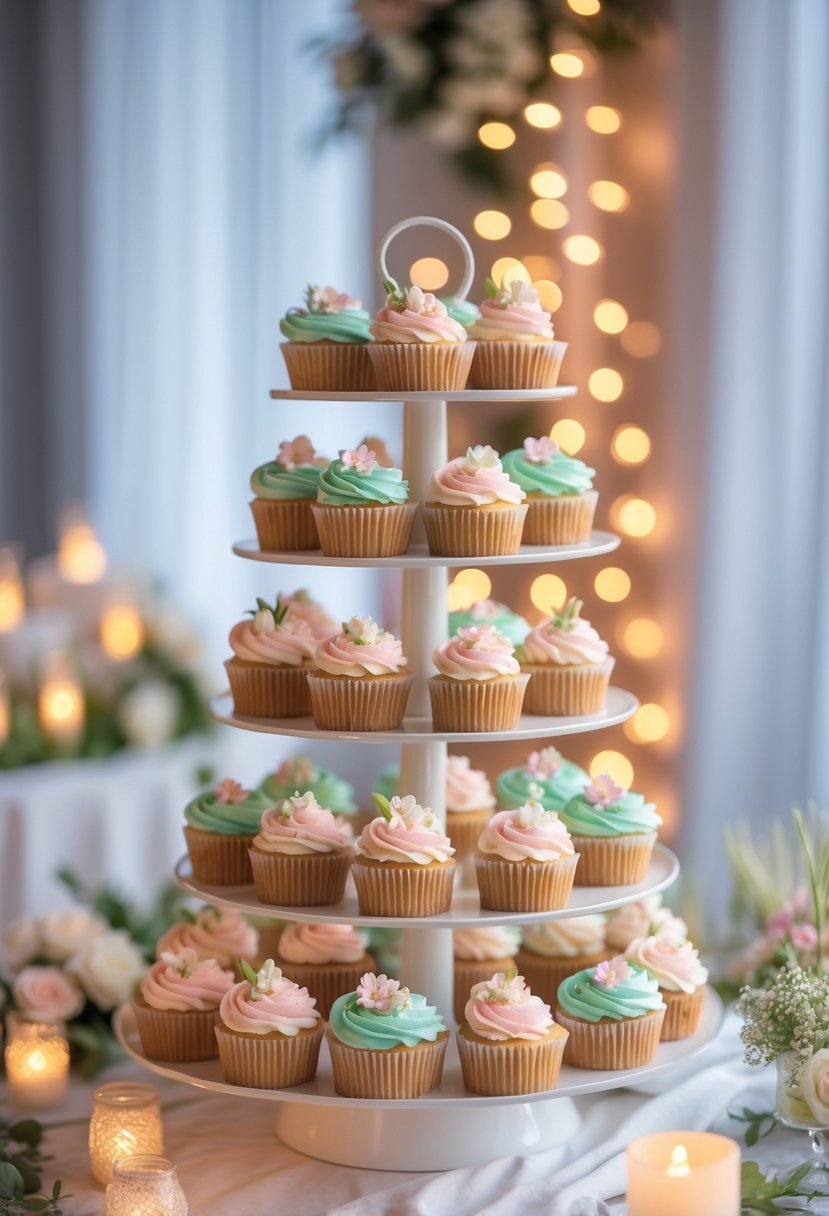 A tiered stand filled with decorated cupcakes surrounded by soft glowing fairy lights.