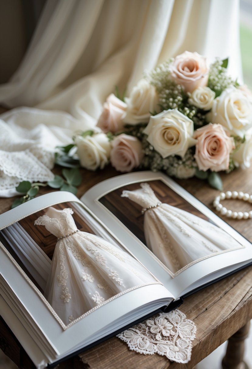 An open wedding dress photo album on a wooden table surrounded by wedding keepsakes including flowers, a lace handkerchief, and a pearl necklace.