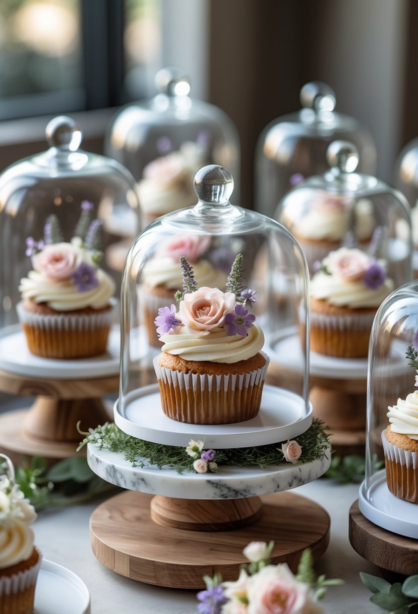 A wedding cupcake display with cupcakes under glass domes, decorated with edible flowers and arranged on tiered stands.