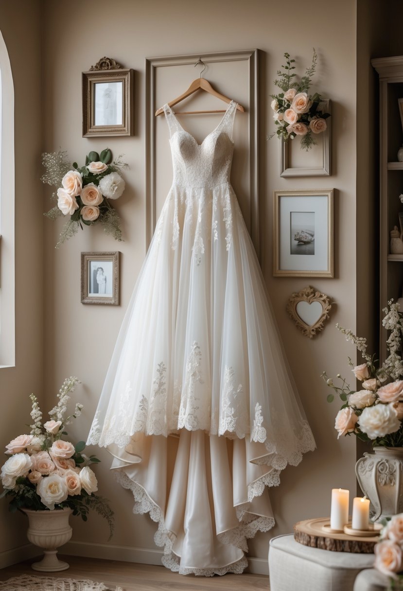 A wedding dress displayed on a wall surrounded by floral decorations and keepsake items in a softly lit room.