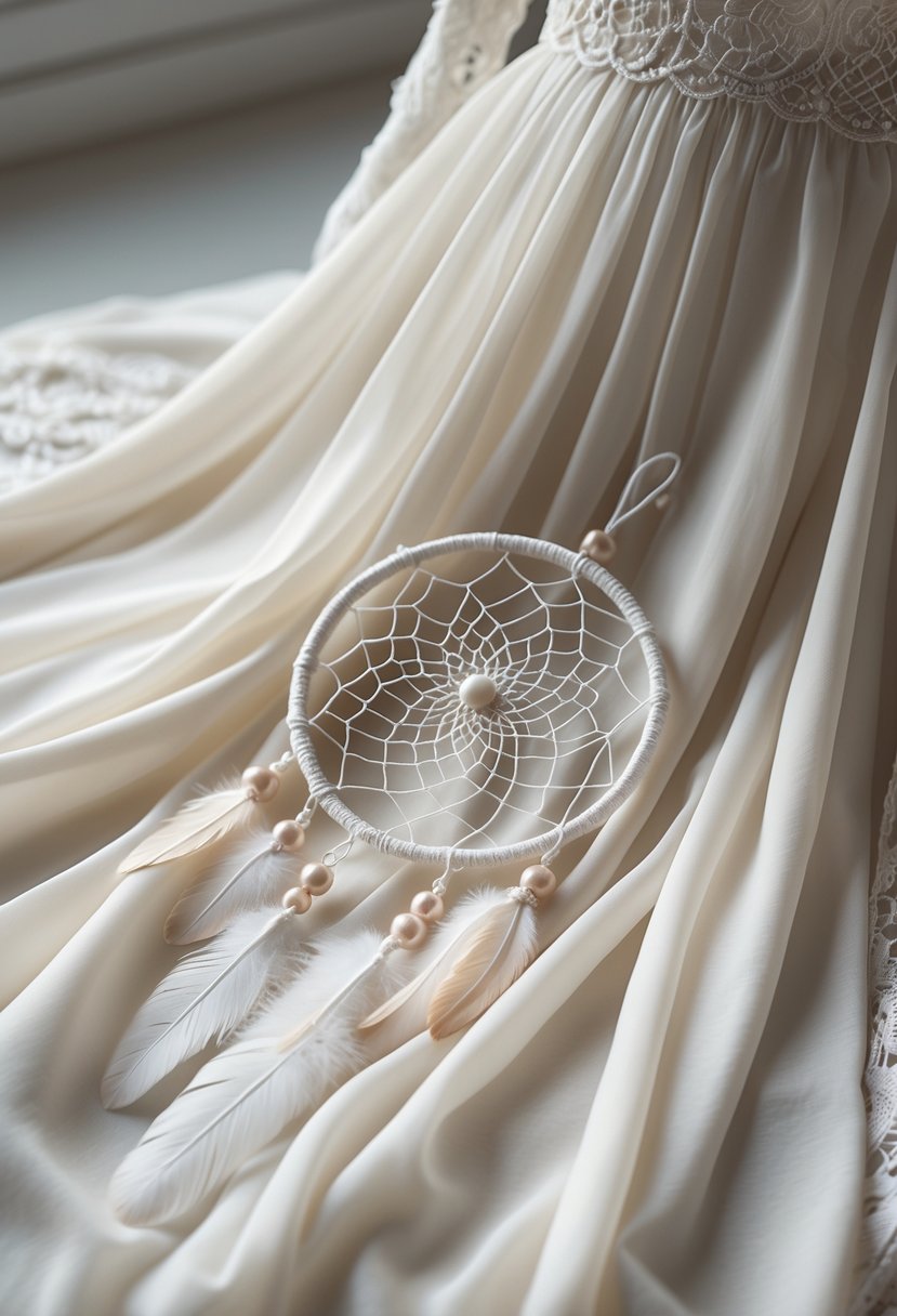 A dreamcatcher resting on a flowing wedding dress made of soft fabric, with delicate beads and feathers visible.