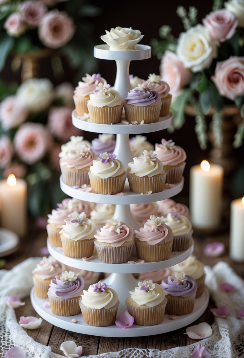 A multi-tiered stand with pastel-colored wedding cupcakes decorated with edible flowers, set on a lace-covered table with rose petals and candles.