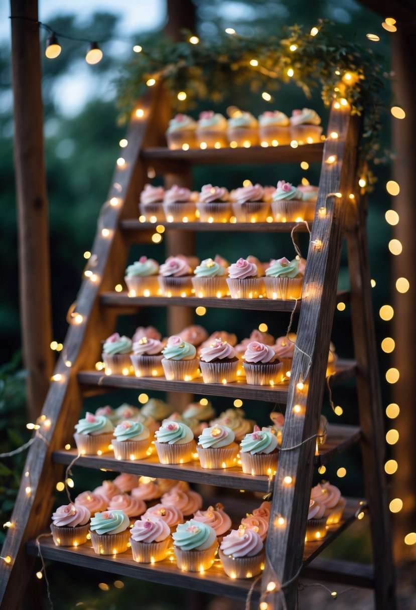A rustic wooden ladder holding multiple tiers of decorated cupcakes with fairy lights wrapped around it.