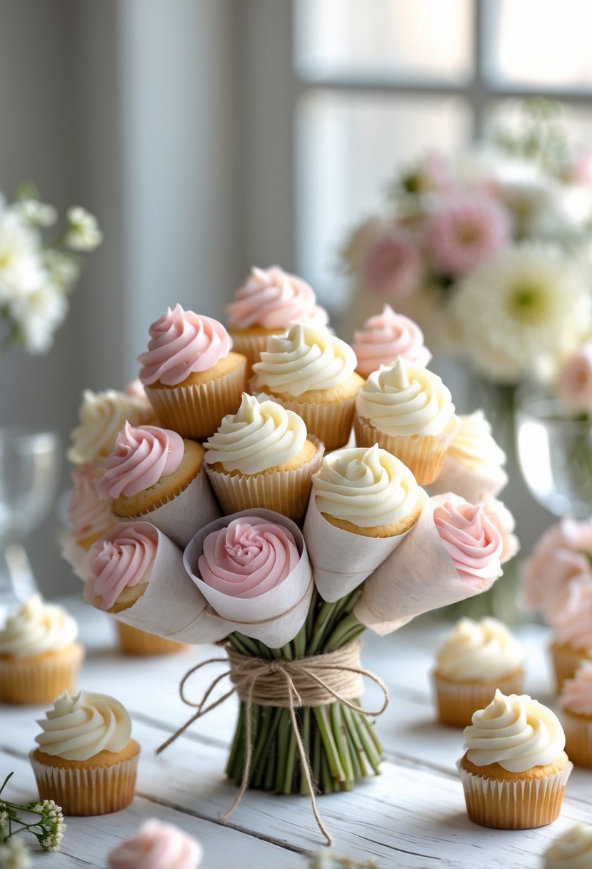 Mini cupcake bouquets wrapped in parchment paper arranged on a table as a romantic wedding display.