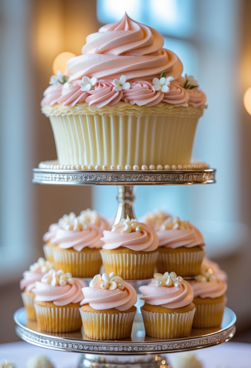 A large decorated cupcake centerpiece on a tiered stand surrounded by smaller cupcakes at a wedding reception.