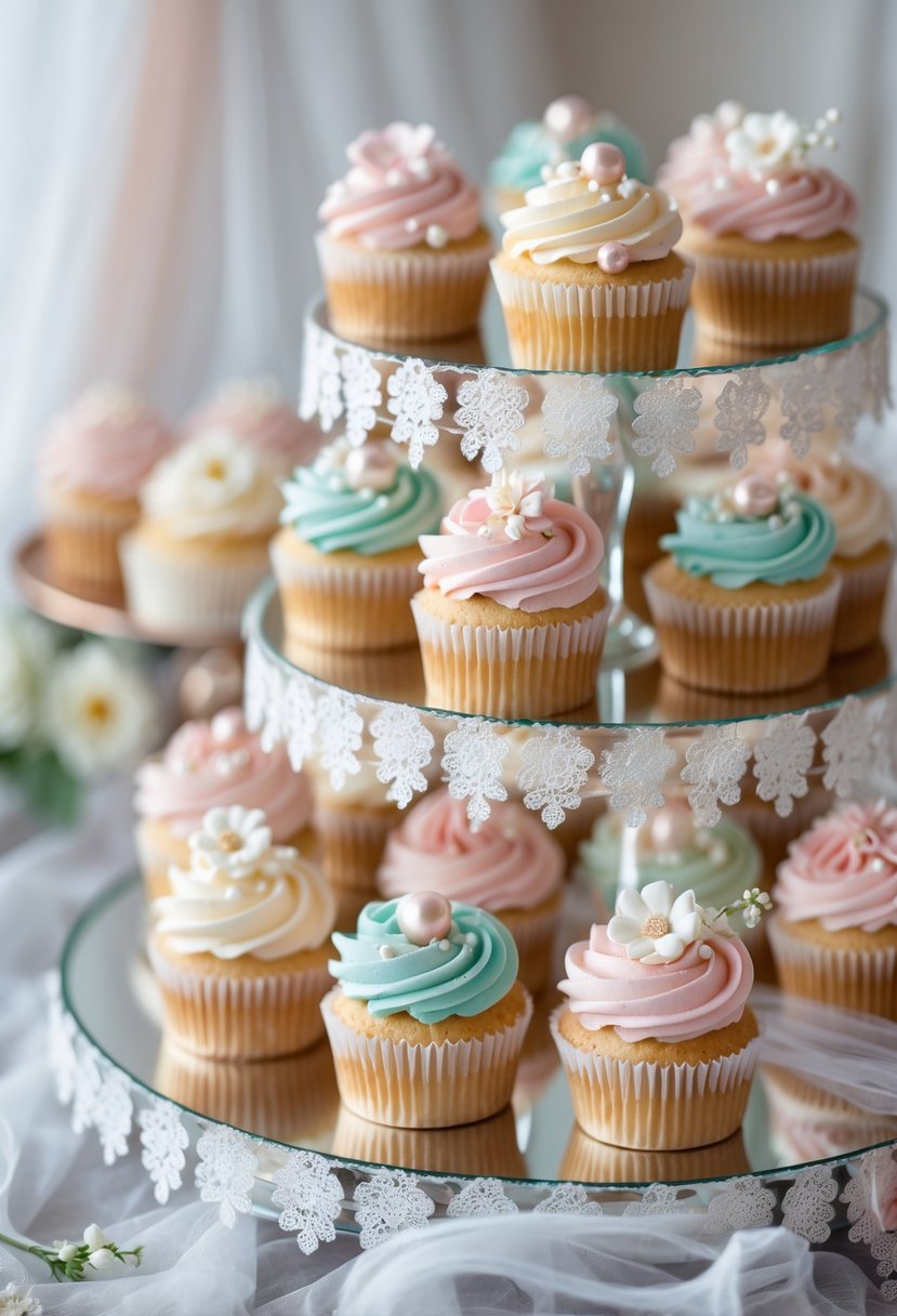 Assorted decorated cupcakes arranged on mirrored trays with lace accents.