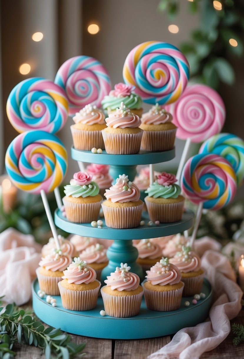 A display of decorated cupcakes on tiered stands surrounded by large colorful lollipops on a wooden table with greenery.