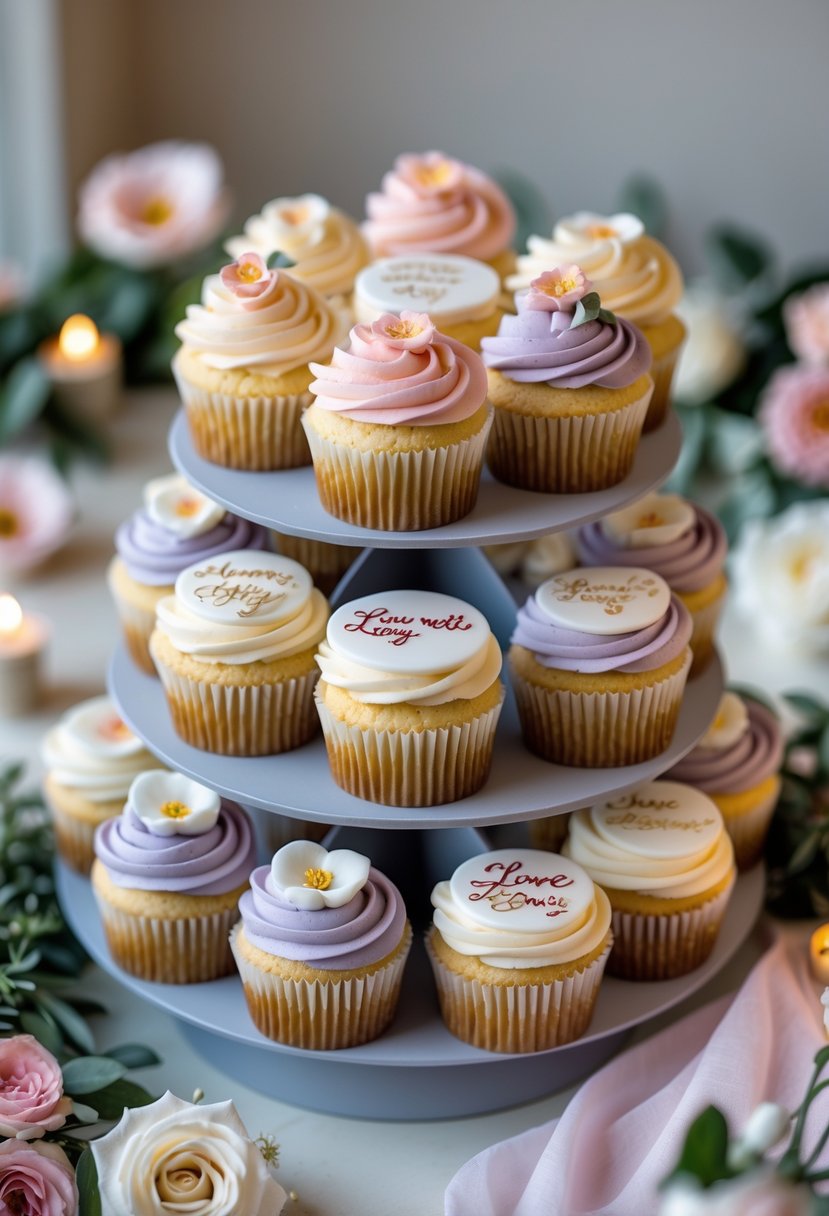 A tiered display of wedding cupcakes decorated with pastel frosting and delicate hand-painted romantic designs, surrounded by flowers and greenery.