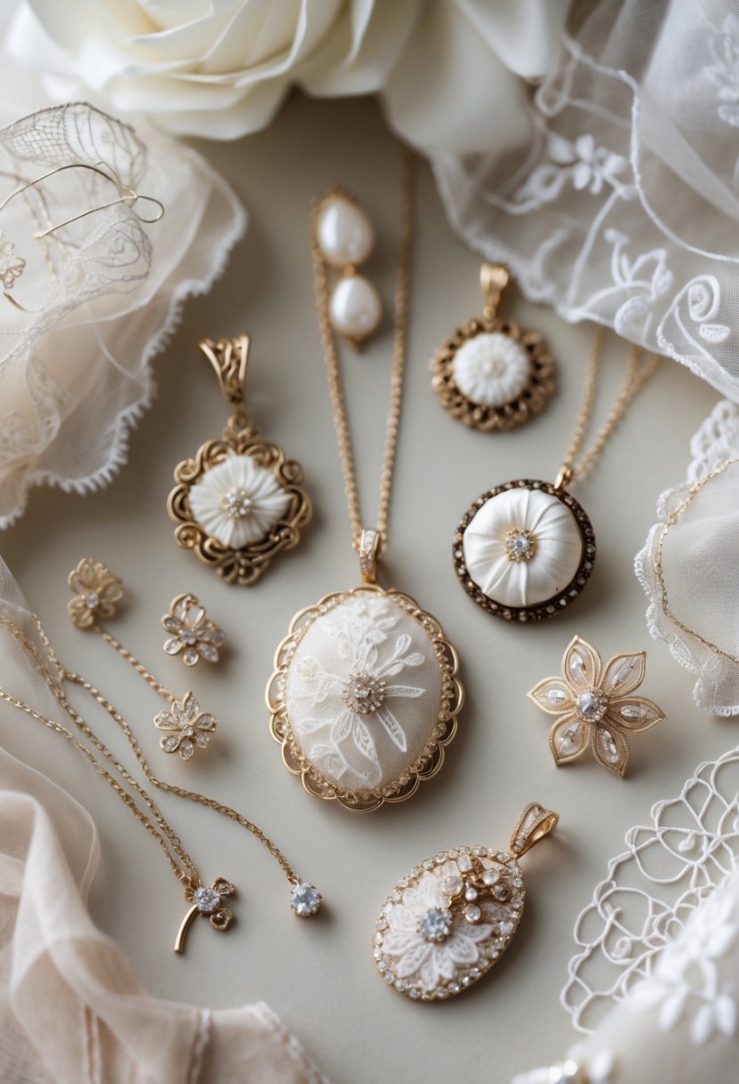Close-up of handmade jewelry pieces crafted from wedding dress fabric arranged on a soft background.