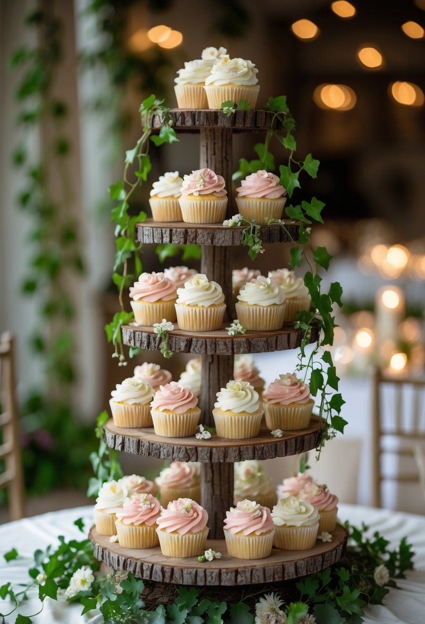 A tiered cupcake tree centerpiece decorated with pastel cupcakes and trailing green ivy on a wedding table.