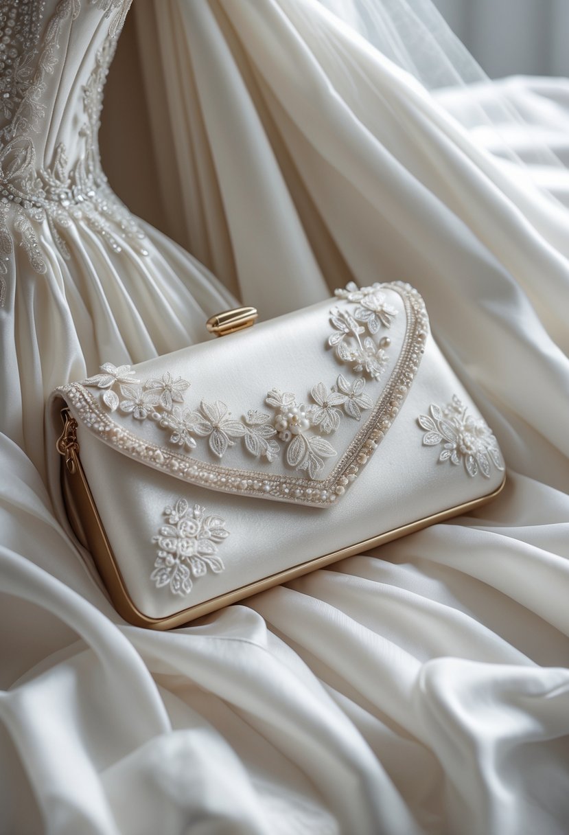 A white wedding dress with a delicate clutch purse resting on its fabric.